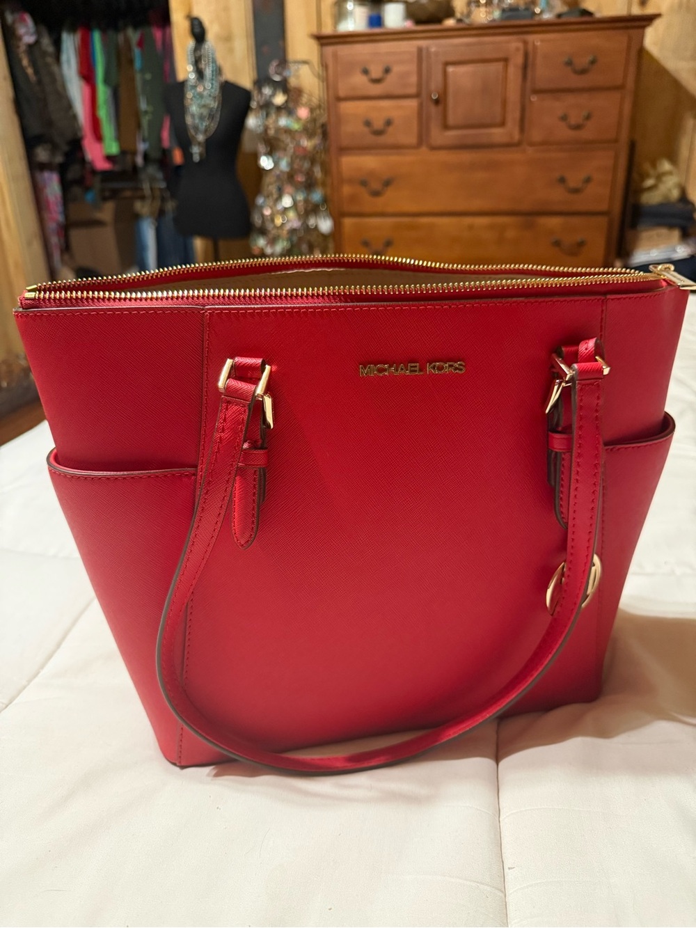 MICHAEL KORS Red Saffiano Zip-Top Tote with Gold Hardware